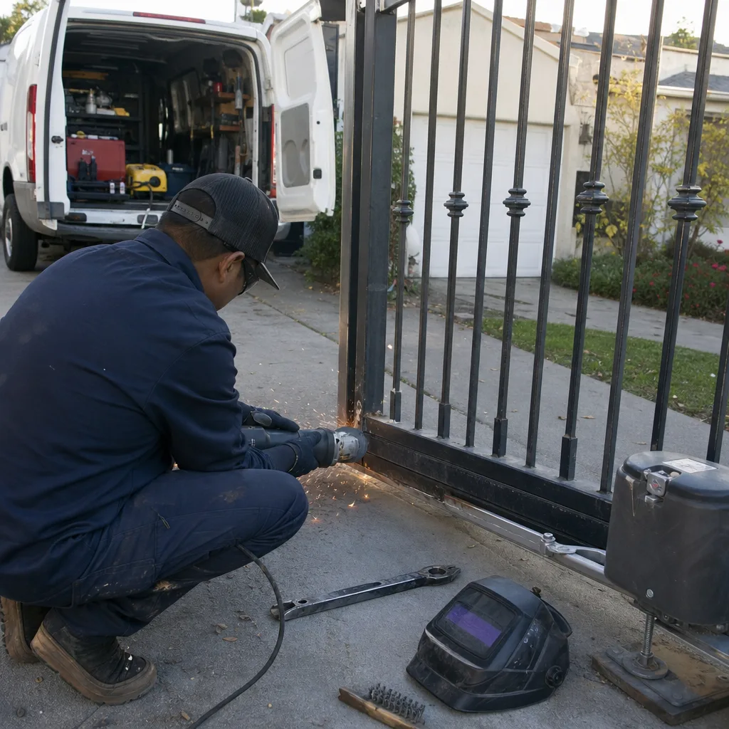 Technician repairing a metal driveway gate with an angle grinder