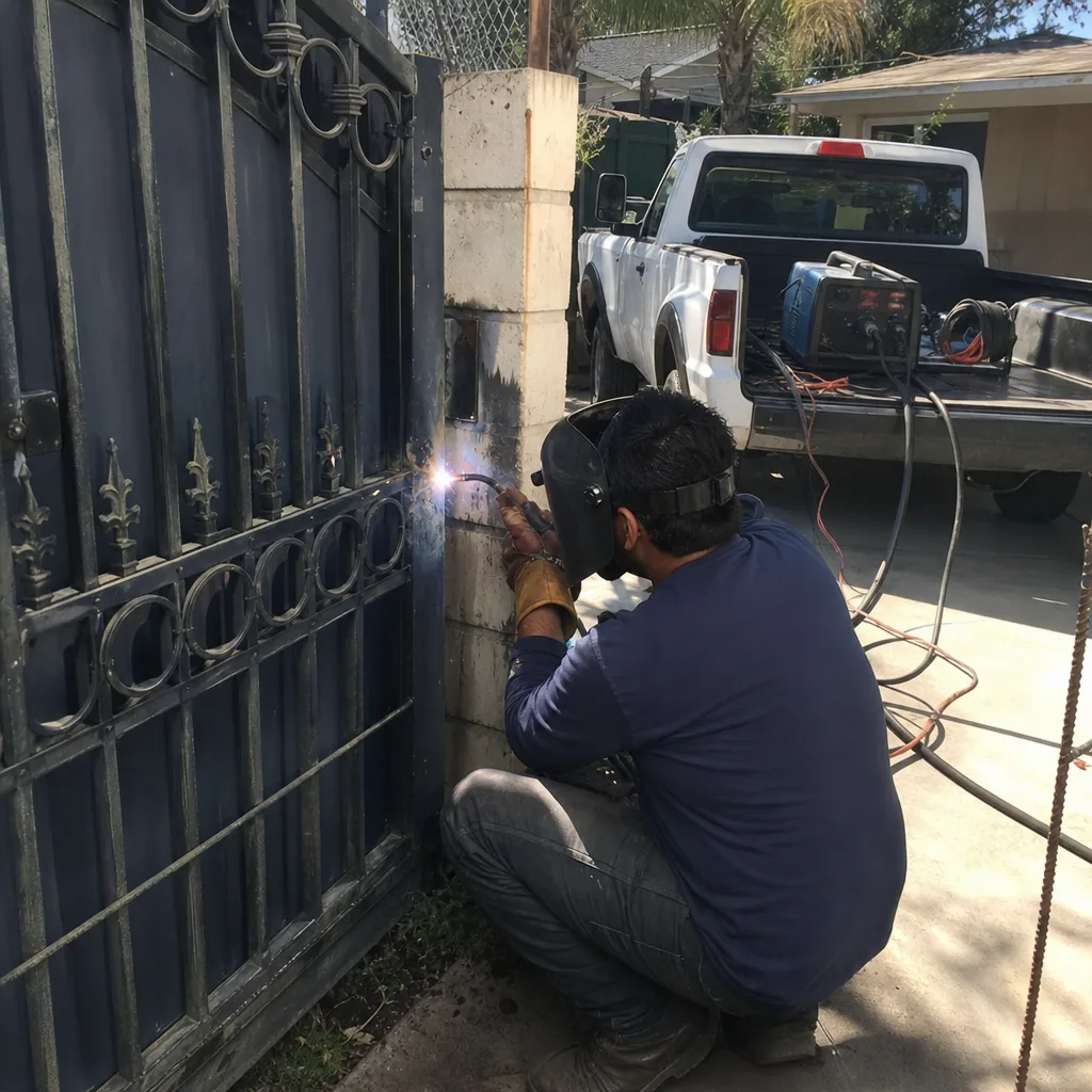 Professional welder performing metal gate repair and welding service