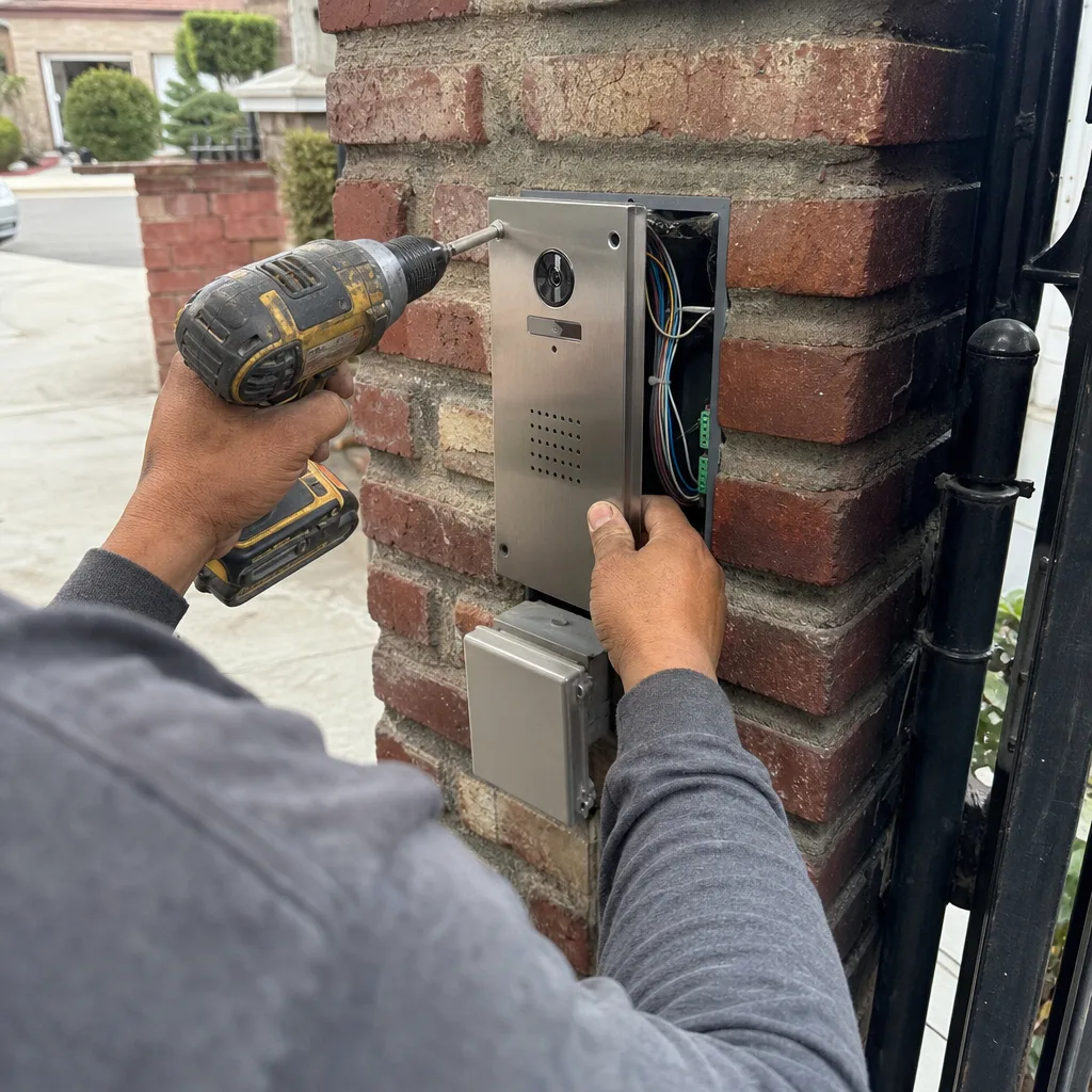 Technician installing a gate access control intercom panel on a brick pillar in Inglewood, CA
