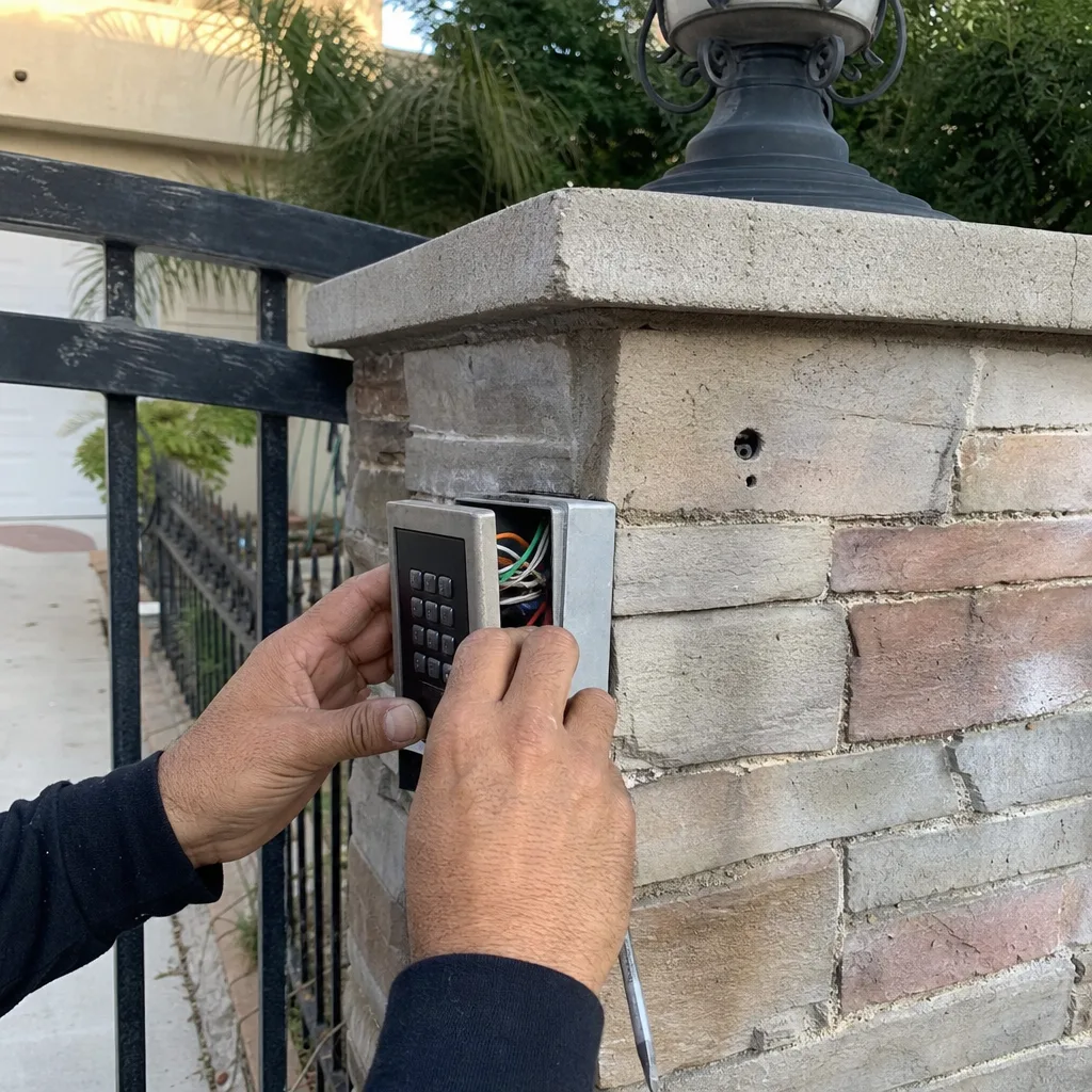 Technician installing or repairing gate access control keypad on stone pillar in Inglewood, CA