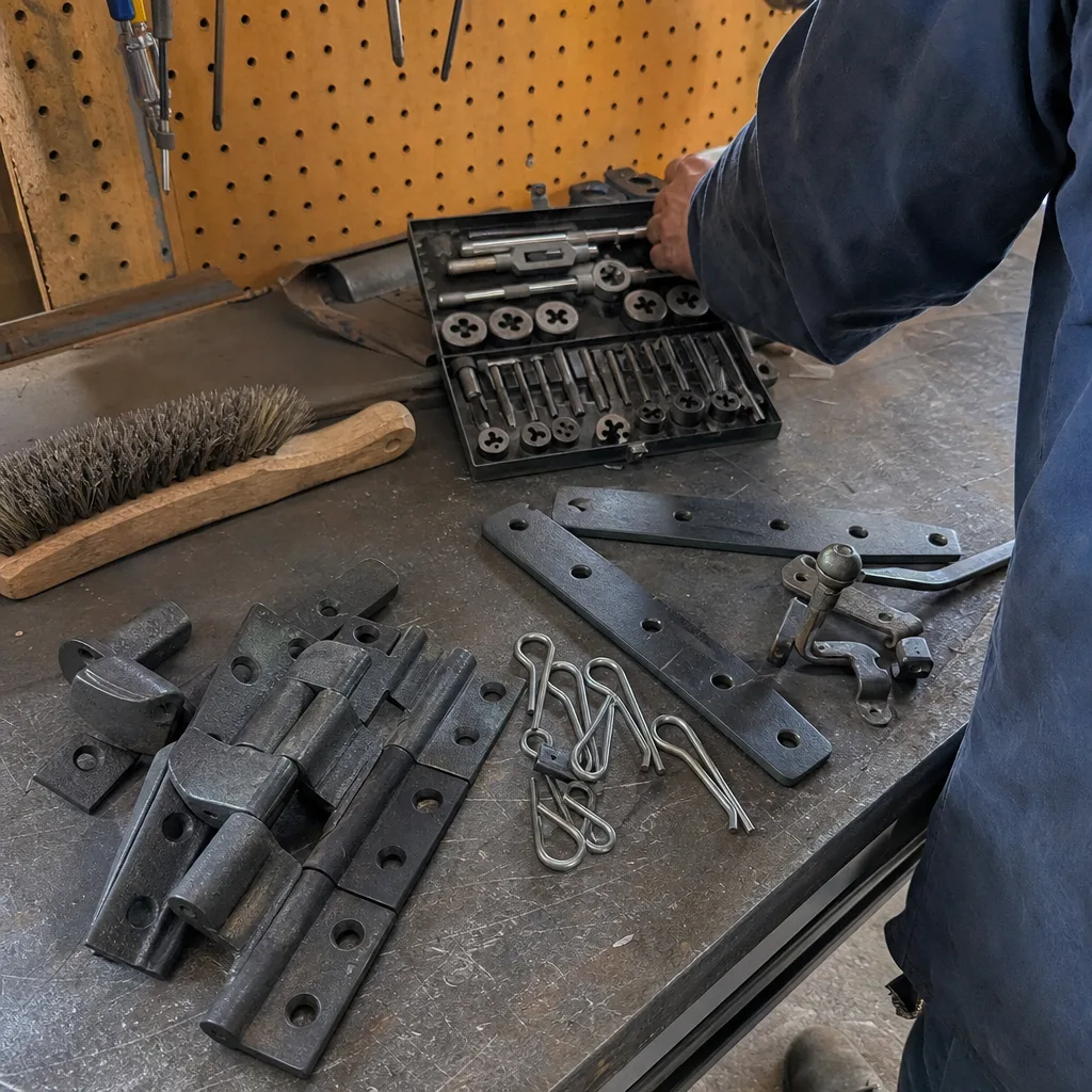 Metalworker organizing gate hinges and welding repair tools on a workbench in Inglewood, CA